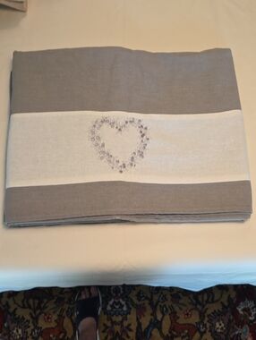 56x82 Linen Table Cloth with Heart Wreath Embroidery - Taupe & Cream